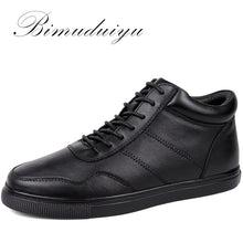 BIMUDUIYU Big Size Men's Casual Warm Shoes Genuine Leather Plush /Single Lace-Up Ankle boots Classic Black Flat Winter Boots