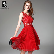 2015 spring summer designer womens dresses red dark blue beaded flower embroidery pleated fashion brand knee length event dress