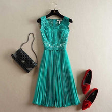 2015 spring summer designer womens dresses red dark blue beaded flower embroidery pleated fashion brand knee length event dress