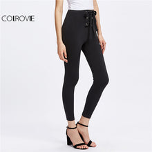 COLROVIE 2018 High Waist Skinny Leggings Black Elegant Grommet Lace Up Front Plain Leggings Women Stretch Sporting Pants