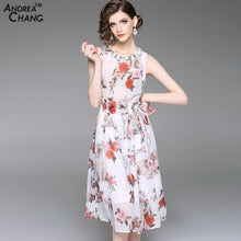 2018 New Arrival Spring Summer Woman Dress Pink Red Floral Pattern Print Dress Flower Beading Collar Over Knee Elegant Dress