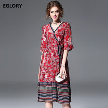 100%Silk Women Dress Summer 2018 V-Neck Red Yellow Flower Print Bow Waist Half Sleeve Large Swing Dress Robe Femme Clothing