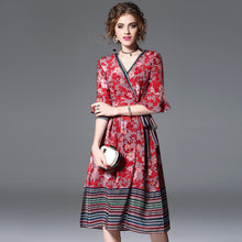 100%Silk Women Dress Summer 2018 V-Neck Red Yellow Flower Print Bow Waist Half Sleeve Large Swing Dress Robe Femme Clothing