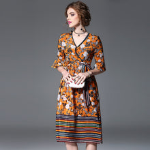 100%Silk Women Dress Summer 2018 V-Neck Red Yellow Flower Print Bow Waist Half Sleeve Large Swing Dress Robe Femme Clothing